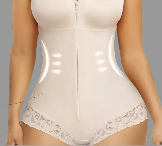 Beige waist trainer with dual-layer performance fabric and targeted compression for shaping and sculpting.