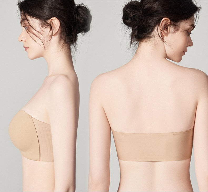 Woman wearing a beige strapless top from front and back views with text about comfort and skin-friendliness.