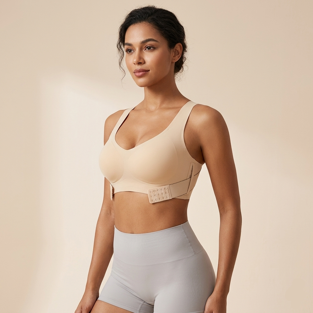 Woman wearing a beige sports bra and light gray leggings on a beige background