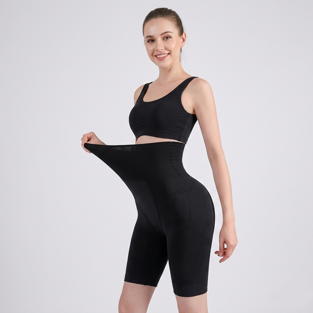 Woman wearing a black shapewear garment on a plain background