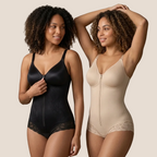 Two women wearing black and beige bodysuits against a neutral background