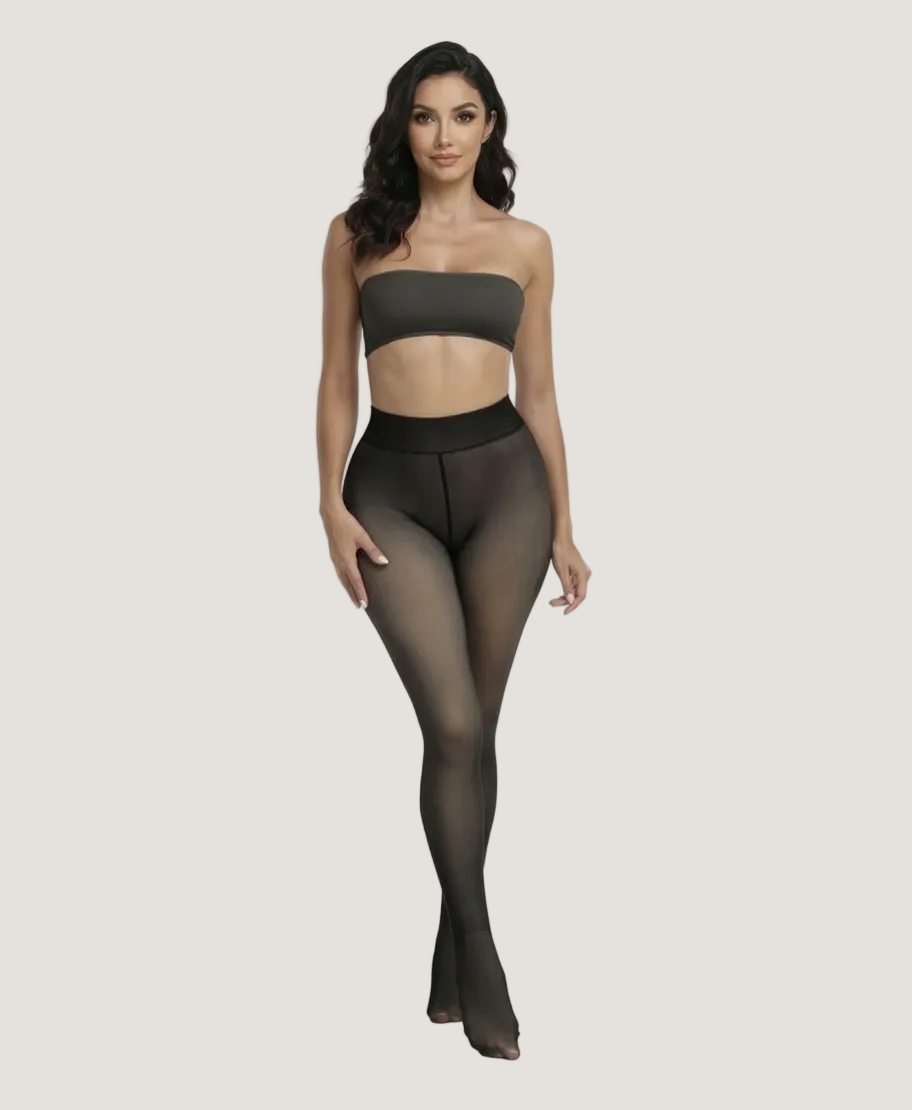 Woman wearing black sheer tights and a strapless top on a white background