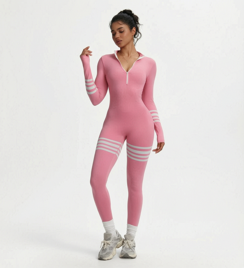 Quadruple Stripe Long sleeve Fitness Jumpsuit