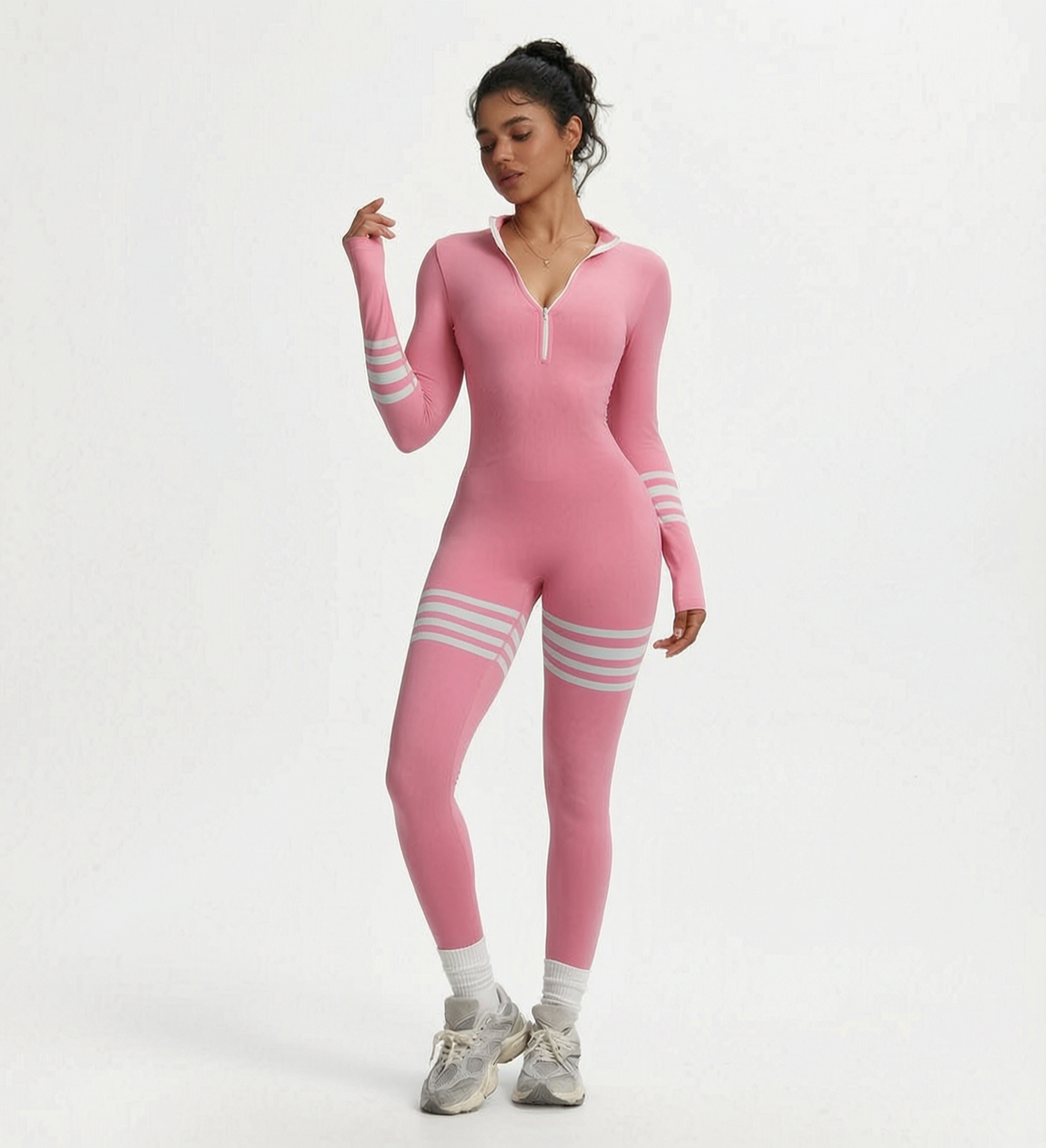 Quadruple Stripe Long sleeve Fitness Jumpsuit