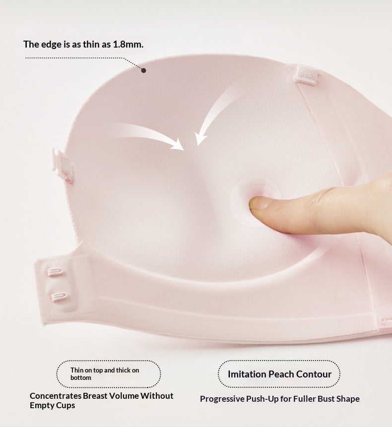 Pink bra with text highlighting its features on a light gray background