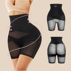 Black shapewear shorts with mesh panels on a white background