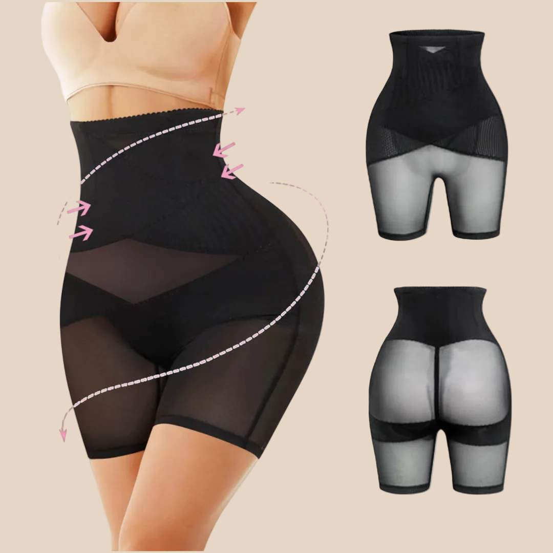 Black shapewear shorts with mesh panels on a white background